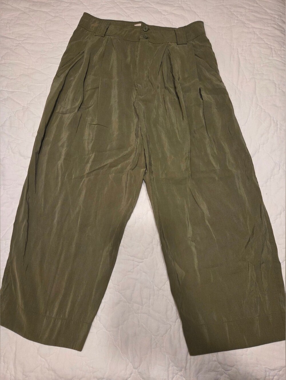 Anthropologie Olive Green Pleated Wide-Leg Cropped Trousers | Size 10
